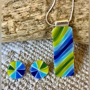 Artisan Created Fused  Glass & Sterling Silver Pendant & Earring Set